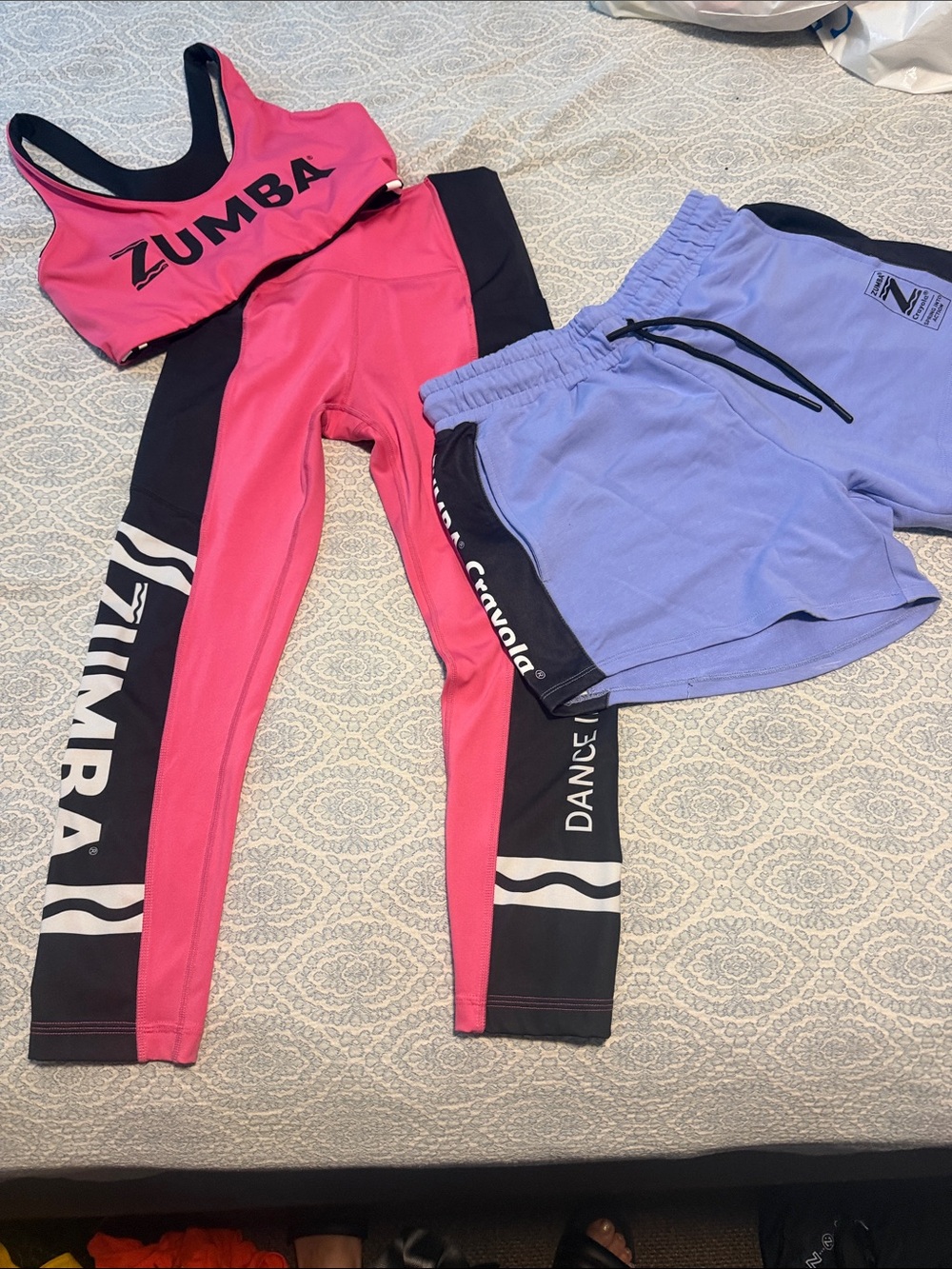 Zumba Lavender Shorts with Black Trim & Black/Pink Sports Bra